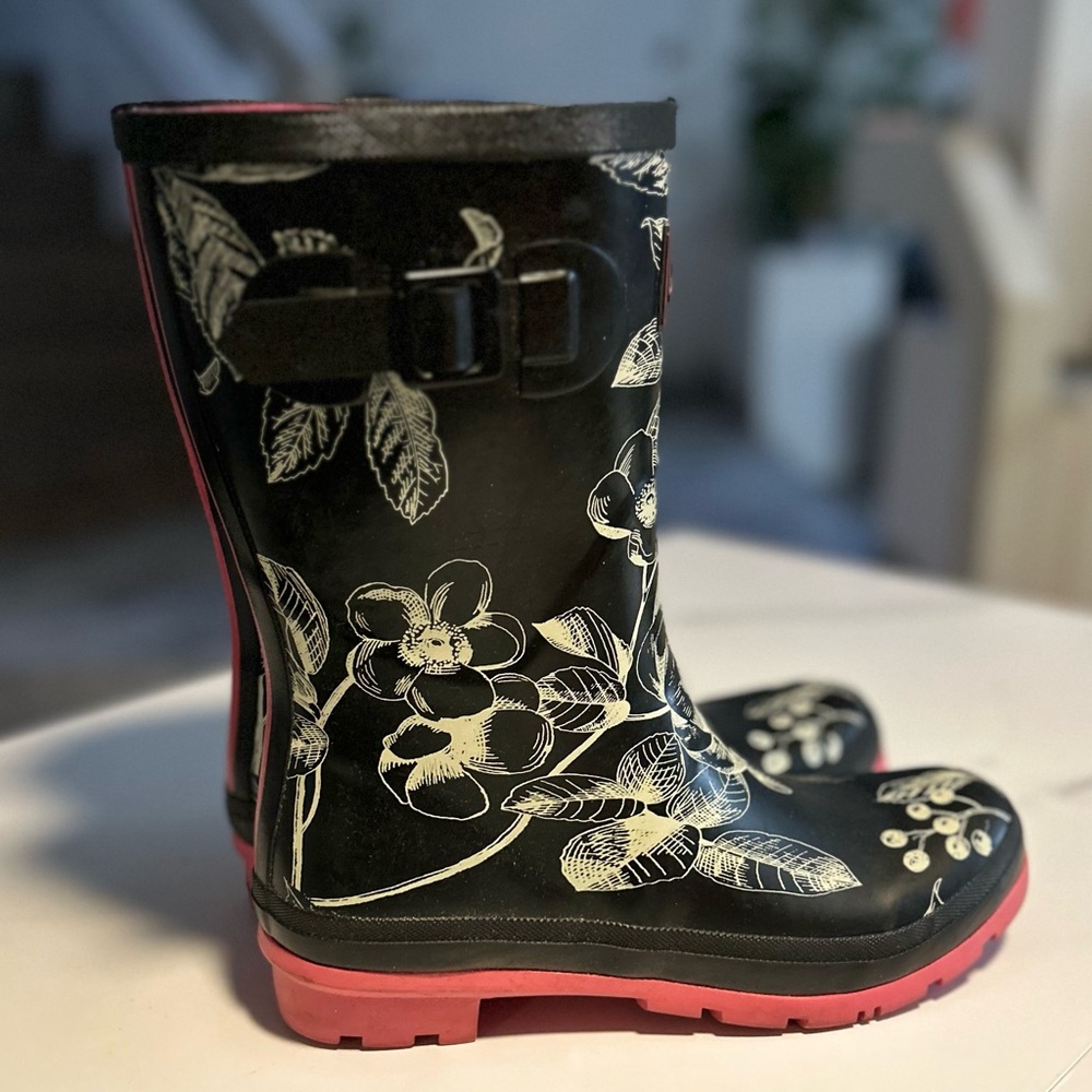 Joules Black and Pink Floral Rain Boots